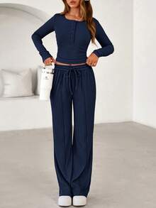PRETTYGARDEN Women's Spring Fall 2 Piece Outfits Lounge Sets Long Sleeve Top Henley Shirts Wide Leg Pants Travel  Sweatsuit Set Women Clothes Home Clothes Going Out Outfits Sports Valentine Vacation Outfit For Women - 藏蓝色 - 查看 4