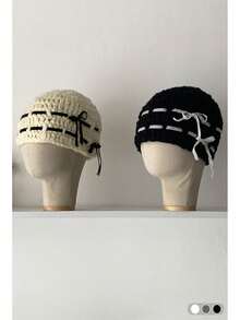 1 件秋冬百搭厚针织天鹅绒蝴蝶结保暖无檐小帽，女士手工针织耳暖桶帽，带天鹅绒蝴蝶结