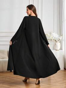 Women's Elegant Solid Black Long Sleeve Cardigan Abaya With Rhinestone Pattern, Versatile For Daily Wear - Black - View 7