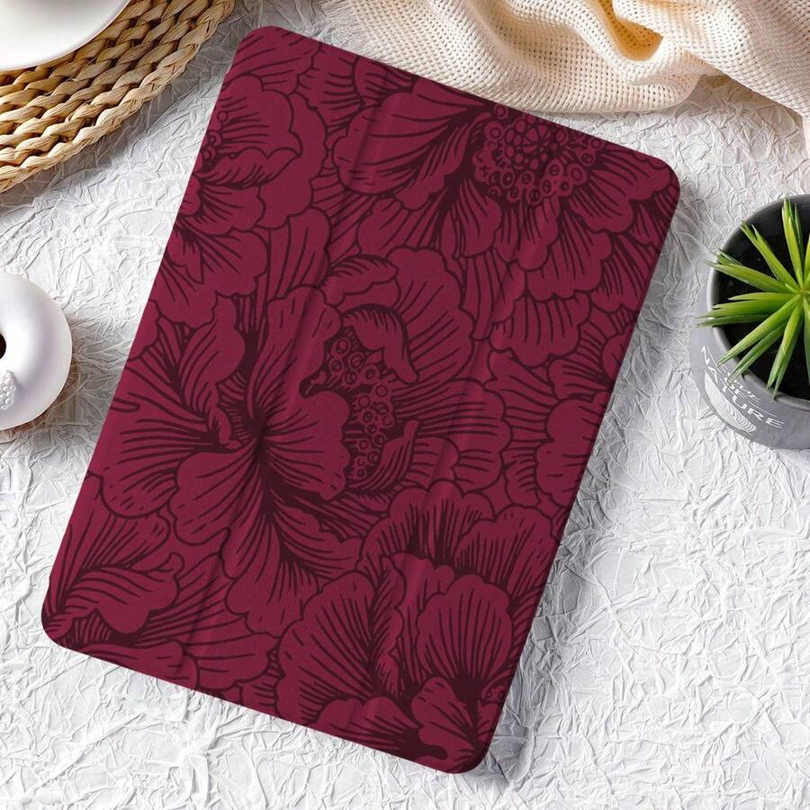 Husă de protecție pentru tabletă cu model floral și trandafir roșu, compatibilă cu iPad Mini 4/a 5-a generație/a 6-a generație/A17 Pro, iPad Air/a 2-a generație/a 4-a generație/a 5-a generație/11 inci (M2/M3)/13 inci (M2/M3), iPad (a 5-a-10-a generație/A16), iPad Pro (10,5 inci/11 inci/11 inci a 2-a-4-a generație/11 inci M4/12,9 inci a 3-a-6-a generație), funcție anti-cădere moale, funcție inteligentă de ridicare în picioare/trezire/somn automat. - Burgundia - Vizualizare 1