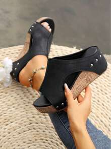 2025 New Wedge Women's Slip-On Sandals Fashionable And Versatile Retro With Metal Buckle Straps, Faux Cover Summer Casual Heels Black, Brown Gold Tone, Comfortable Rubber Soles, Suitable For Casual Outfits, Comfortable Heels|Sheer Toe Sandals|Platform Sandals, High Heeled Sandals - 黑色 - 查看 3