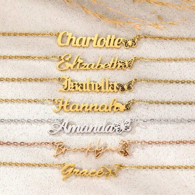 1pc Personalized Butterfly Calligraphy Name Necklace, Gold/Silver/Rose Gold Plated Stainless Steel Thin Chain, Women's - Gold - View 7