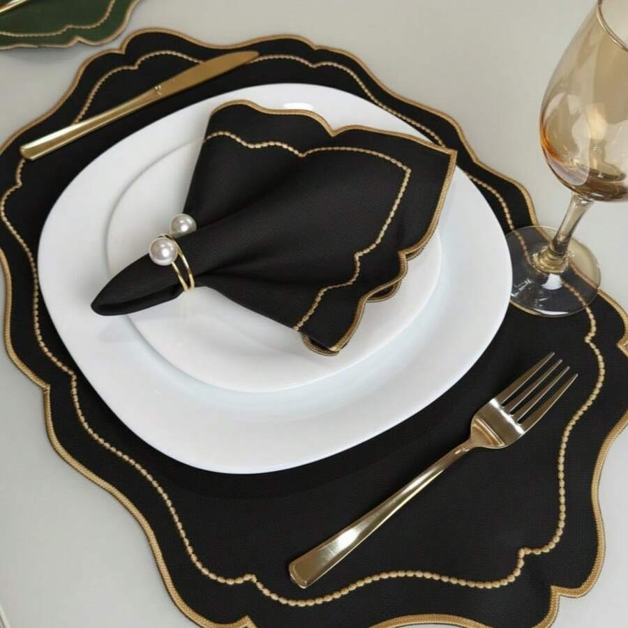 Placemat Kit, Embroidered Placemat, Round/Rectangular Table Placemat And Napkins - 黑色皇室 - 查看 1
