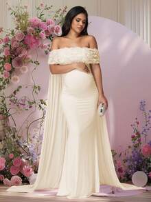 JustVH 孕妇花卉露肩连衣裙，适合迎婴派对，网眼斗篷长款女装拍摄道具