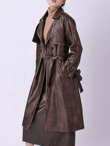 Áo khoác dài nữ Risissida chất liệu PU mùa xuân & thu, áo khoác gió nhẹ thời trang với thắt lưng điều chỉnh được - Áo khoác công sở đa năng - Cà phê nâu - Xem 6