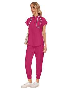 Wholesale Fashion Scrub Suits Dental Hospital Uniform Set Solid Color Surgical Gown Pocket V-Neck Scrubs Sets For Women Joggers Pants Suit - Hot Pink - View 6