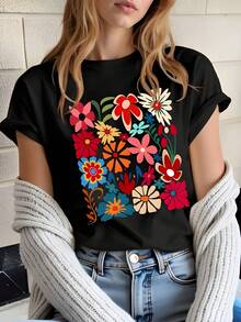 Colorful Floral Pattern Graphic Black T - Shirt,220g Cotton Women's Casual Printed T-Shirt, Crew Neck Pullover Short-Sleeve