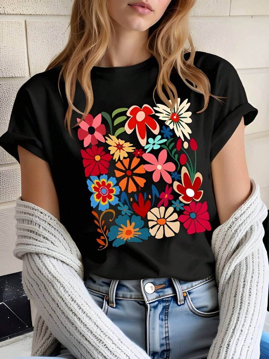 Colorful Floral Pattern Graphic Black T - Shirt,220g Cotton Women's Casual Printed T-Shirt, Crew Neck Pullover Short-Sleeve