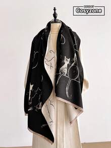 1pc Faux Cashmere Cute Colorblock Cat Pattern Jacquard Knit Warm Scarves Wrap For Women, Fashionable Accessory For Autumn/Winter, Suitable For Decoration - Multicolor - View 12