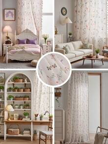1pc Fresh Ditsy Floral & Butterfly Printed Tasseled Curtain, 3D Bamboo Woven Fabric, Fits Kitchen Short Window, Washable, Farmhouse Style Room Divider, Suitable For Bedroom, Study, Living Room, Balcony, Kids Room, Fit For Party, Wedding, Festival Decor, Spring Decoration