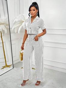 Amarilo Damen Sommer Lässig gestreiftes Hemd und Hose 2-teiliges Set, zufälliges Blumenmuster