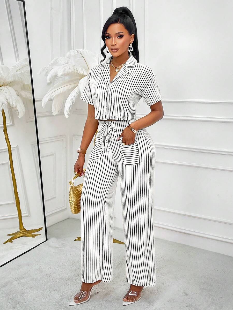 Amarilo Damen Sommer Lässig gestreiftes Hemd und Hose 2-teiliges Set, zufälliges Blumenmuster