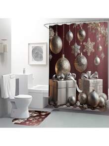 1 pieza/4 piezas Caja de regalo con bola de adorno de Navidad de lujo con tema plateado, decoración del hogar y del baño para Año Nuevo, cortina de ducha con 12 ganchos, alfombra de baño, alfombrilla en forma de U para el inodoro, tapa del inodoro, partición de baño, accesorios de baño, decoración de baño