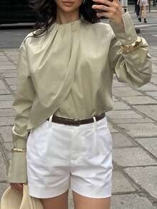 Women's Autumn Winter Casual Simple, High-End, Solid Color Small Stand Up Collar Long Sleeved Top, Semi Formal Solid Green Dress Shirt