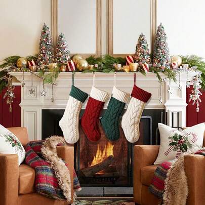 1pc Christmas Stockings Classic Cable Knitted Set Large Classic Fireplace Hanging Stockings ,Family Stocking Holiday Party Xmas Decoration
