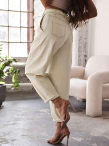 女士纯色打结口袋褶皱裤（春季款） - 杏色 - 查看 4