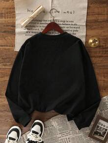 女式字母印花黑色圆领长袖 T 恤，宽松休闲打底衫，秋季 - 黑色 - 查看 4