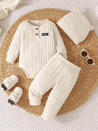 Unisex Baby Romper, Newborn Long Sleeve Jumpsuit With Hat + Pants, Ribbed Neutral Outfit, Infant Winter Clothing, Suitable For Baby Boys And Girls, Daily Wear