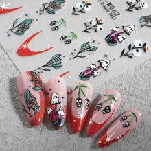 5-Pack 3D Halloween Nail Art Stickers And Decals - Cartoon Ghosts, Skulls & Floral Patterns, Plastic Self-Adhesive Nail Embellishments, Glass Surface Compatible, Single-Use Matte Fantasy Theme Nail Decor With Irregular Shapes And Embroidered Detail - Multicolor - View 8