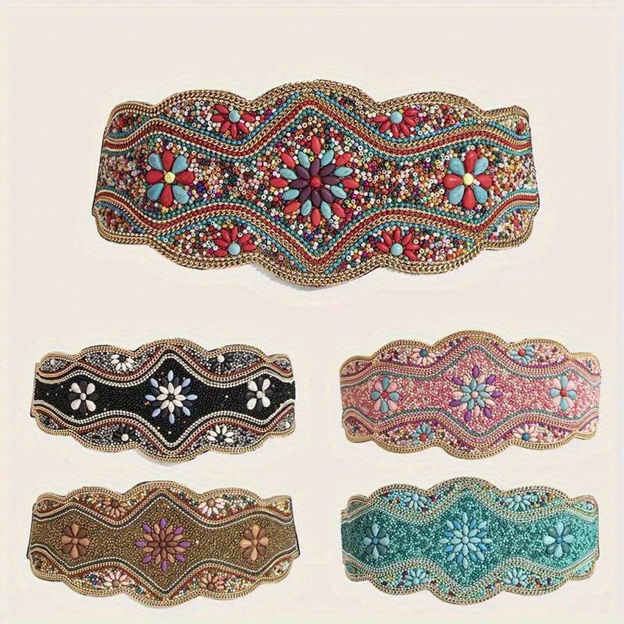 1 Piece Fashion Temperament Bohemian Hand Beaded Belt Elegant Elastic Wide Belt Classic Dress Coats Belt Ladies Party Banquet Holiday Gift - 藍色 - 查看 1