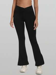 RUNONWHEELS 5 女士高腰喇叭瑜伽裤，收腹提臀交叉腰带户外裤 - 黑色 - 查看 3