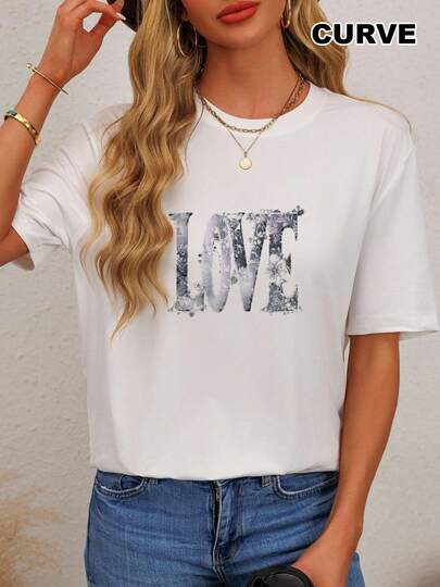 Women's 180g Curve Love T-Shirt, White Cotton, Round Neck, Short Sleeves, With LOVE Letter Print, Casual And Cool Style For All Seasons, Ideal For Combining With Jeans And Fashion Accessories.