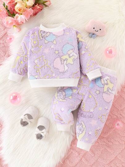 2pcs/Set Baby Girls' Fashion Casual Cartoon Pattern Random Print (Glow-In-The-Dark Effect) Ribbed Crew Neck Long Sleeve Top And Pants Set