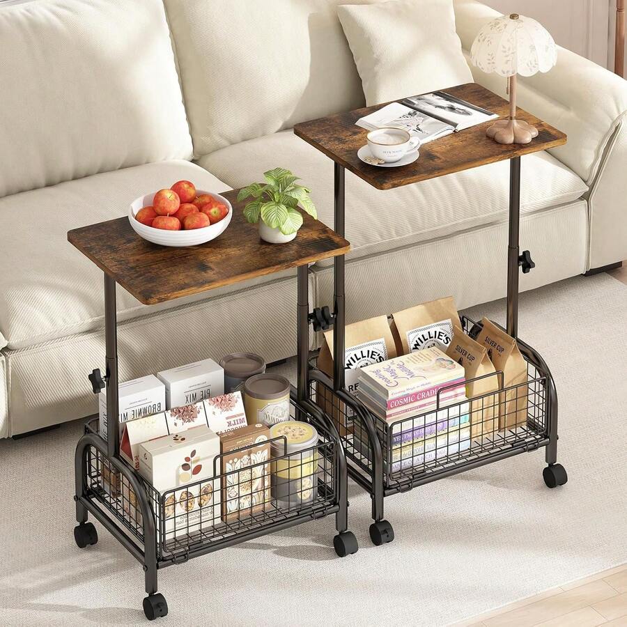 Mesa Auxiliar Sala con Ruedas, Mesa Lateral Plegable Pequeña para Sala, Mesa para Cama y Sofá Altura Ajustable, Carrito Organizador con Cestas Mesa de Café Chica Moderna Recamara, 1 Pieza - 1 - Ver 1