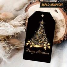 48pcs Christmas Black Gold Gift Tags With Hemp String – Festive Labels For Holiday Gift Wrapping, Christmas Tree Ornaments & Festive Home Decor, Ideal For Christmas Party Supplies - Multicolor - View 9