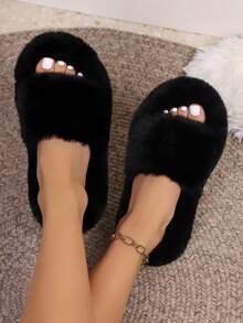 Women's Solid Color Cute Fabric Plush Slippers, Lightweight, Soft & Comfortable, European Size, Flat, Indoor For Autumn/Winter - Black - View 3