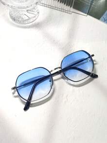 015068863-0009-SX2358 1pc Men/Women's Metallic Geometric Polygon Glasses, Fashion Street Eyewear Suitable For Outdoor And Indoor, Black, Gold, Silver, Brown, Thick Frames With Ventilation Design, Comes With PU Glasses Case Or Paper Box - Silver Framed Gradient Blue Lenses - View 10