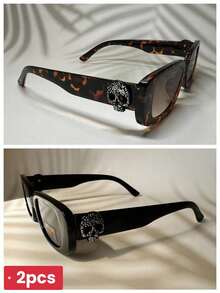 2 套男女通用 Y2K 嘻哈摇滚骷髅、腰果花、复古小方形有色、玳瑁色、豹纹太阳镜，复古经典时尚复古奢华旅行装饰眼镜，情侣套装