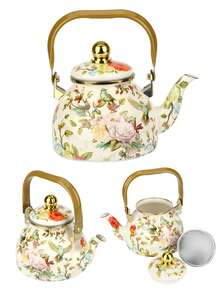 1.2L Large Capacity Enamel Coffee Pot, European Classic Bird & Flower Pear-Shaped Kettle, Thick Flat Bottom Design, (2 Cleaning Sponges Included), Suitable For Gas & Electric Stove, Coffee & Tea Brewing, Ideal For Outdoor Picnics, Family Gatherings, Holiday Parties, All Seasons