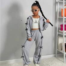 Girls Autumn/Winter Fashion Set, Short Hooded Sweatshirt With Bow Decor & Wide Leg Pants - Grey - View 2