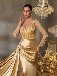 Faeriesty 花卉贴花荷叶边侧边鱼尾裙摆正式礼服，优雅长袖礼服，适合舞会、宴会、婚礼宾客、毕业典礼、晚宴及其他场合。 - 香檳色 - 查看 6