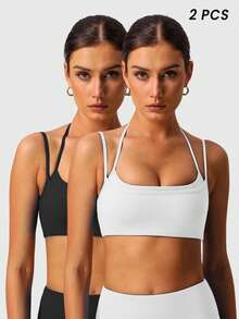 Women's Halter Neck Multi-Shoulder Adjustable Straps Double Layer Beauty Back Yoga Fitness Sports Bra - 彩色 - 查看 4