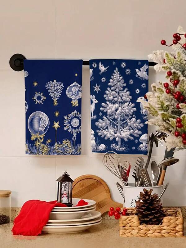 2pcs/4pcs/12pcs Christmas Blue And White Porcelain Pattern Kitchen Towels, Christmas Tree Pattern Bathroom Towels, Christmas Outdoor Party Towels, Christmas Home Decor, Christmas Kitchen Decor, Modern Style, Quick Drying, Super Soft Microfiber Material, Rectangular, 15.75IN*23.62IN/40*60CM Digital Printing Pattern, Suitable For Outdoor Party Decoration, Christmas Holiday Gifts