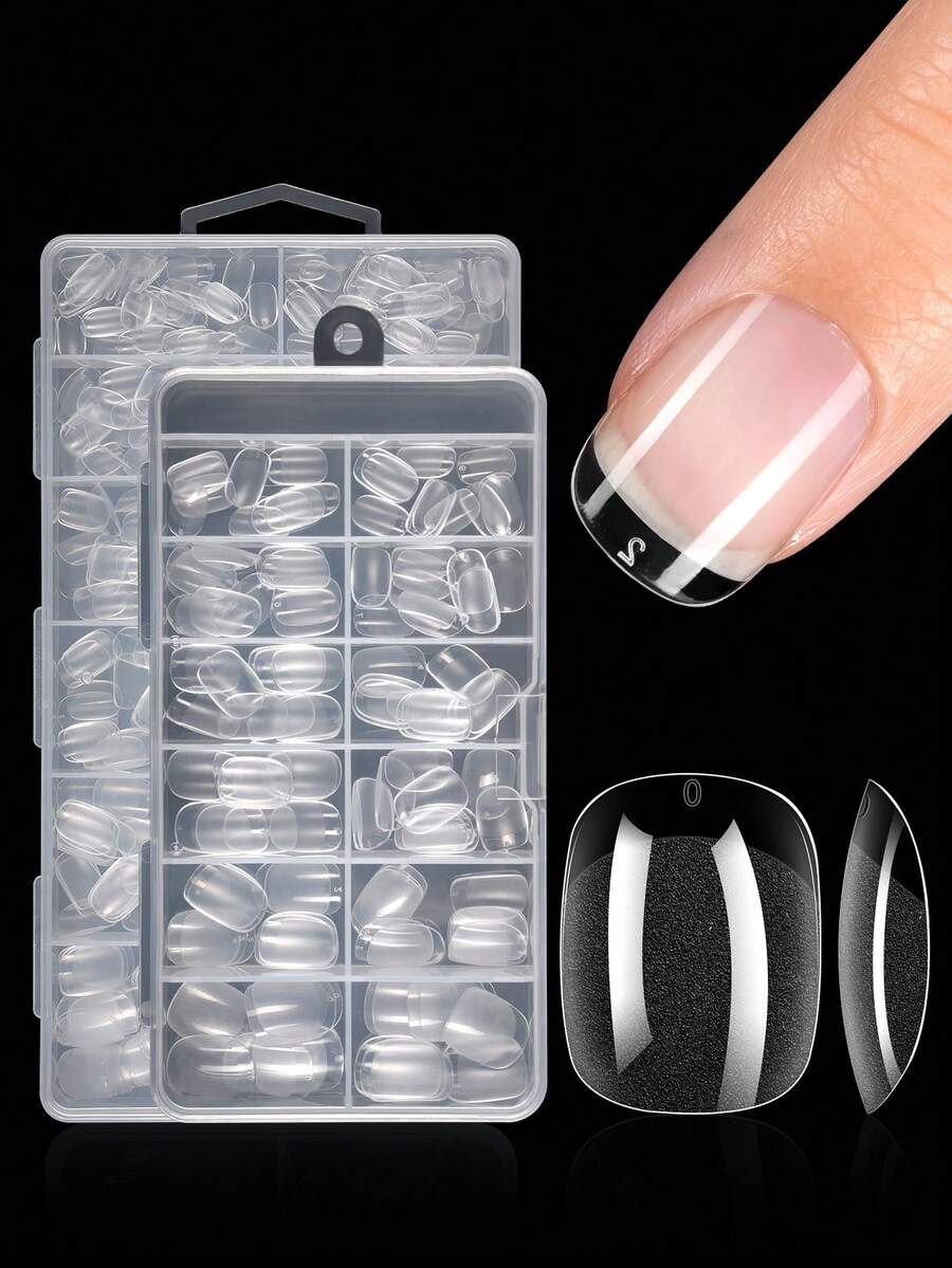120/600pcs Short Rectangular Soft Clear Semi-Matte Full Coverage Acrylic Pre-Pressed Fake Nail Tips For Nail Extension, Home DIY Manicure Product Nails - Clear - View 1