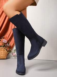 Women's Nude Suede Knee-High Riding Boots For Autumn/Winter, Thermal Lining For Warmth, Side Zipper Design For Easy On/Off, Slim Shaft For Elegant Height, Chunky Heel For Comfort, Classic Plain Style Suitable For Multiple Occasions,Party - Royal Blue - View 5