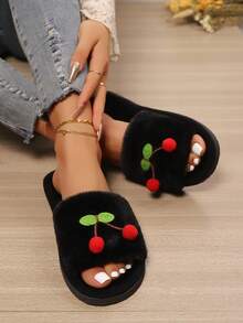 New Women's Cute Cherry Decor Plush Open Toe House Slippers, Comfortable Fluffy Slip-On Slippers For Women, Suitable For Bedroom And Living Room, All Season - Black - View 6