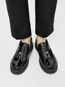 Men's Casual Thick Sole Slip-On Increased Height Solid Black Leather Shoes, Student Flat Shoes, Formal Business Shoes, Fringe Casual Work Boots Wedding Accessories