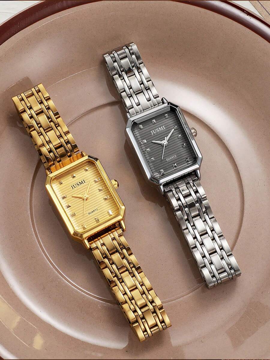 1件时尚新款方形表盘钻石刻度女士钢带石英表，Xilu；适合日常搭配、生日、周年纪念、万圣节、晋升及其他节日礼物；无礼盒。 - 彩色 - 查看 1