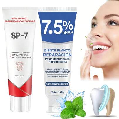 2 tubos de pasta dentífrica blanqueadora, con un 7,5 % de hidroxiapatita + pasta dentífrica probiótica SP-7, diseñada para blanquear los dientes, proteger el esmalte, eliminar las manchas, mejorar la alineación dental y combatir el amarilleamiento. Adecuada para el uso diario en casa y para viajar