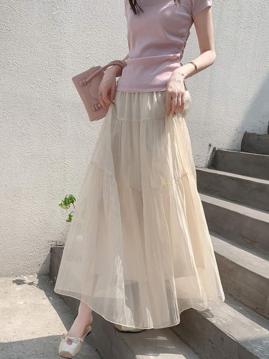 LuminousWealth 女士优雅纯色飘逸百褶A字裙，适合休闲或办公穿着，简约优雅 | 适合所有季节 春季 - 杏色 - 查看 1