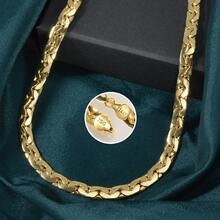 750 Italy 14k Copper Plated Gold Geometric Splicing 7mm Cuban Necklace Hip Hop Street Style Couple Fashion Jewelry Suitable For Men Women Daily Party Stage Music Festival Wear - 金黃色 - 查看 6