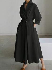 2026/新年女士加大码黑色梭织面料长袖褶裥纽扣前襟中长衬衫裙，领口设计，优雅别致，情人节，“做我的宝贝” - 黑色 - 查看 2