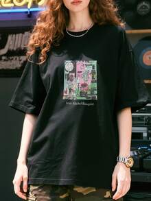 Artists Basquiat Crew Neck Casual Short-Sleeved Shirt Basic Shirt T-Shirt Unisex Cotton Short-Sleeved Shirt - 黑色 - 查看 1