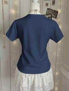 DEAR MOLLY 夏季海滩主题印花圆领短袖T恤，适合派对、聚会及各种场合，四季皆宜，是送给妈妈的理想礼物。 - 藏蓝色 - 查看 4