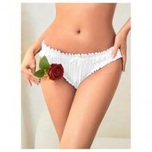 Women Satin Panty Bow Knot Frill Trim Ruched Cheeky Underwear Low Waist Bikini Briefs - trắng - Xem 6