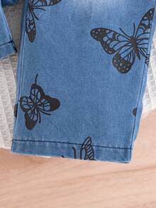 2pcs Infant Girl Casual Fashion Heart & Letter Print White Long Sleeve T-Shirt And Butterfly Print Denim Straight Pants Set, Suitable For Spring/Autumn, Daily, Outdoor, Commute, School, Sports